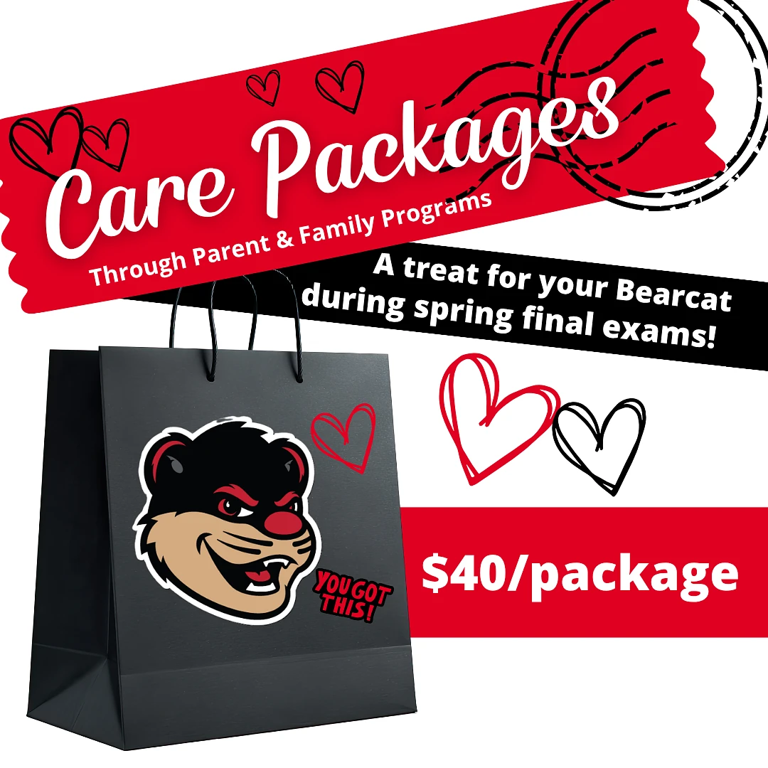 Promotion for $40 care packages featuring a Bearcat mascot design on a gift bag, intended for students during spring final exams.