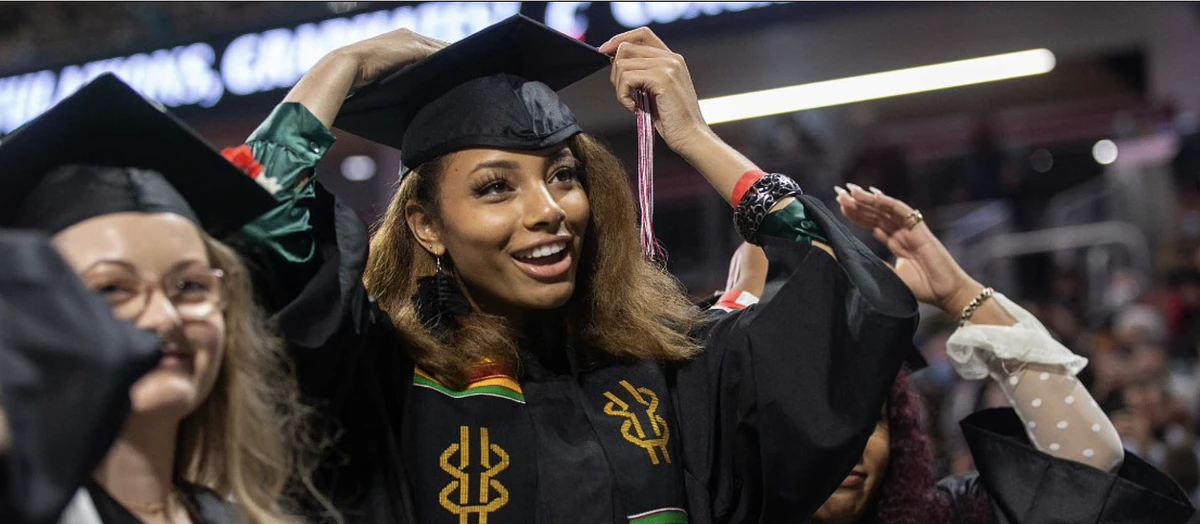 graduate fixing her cap
