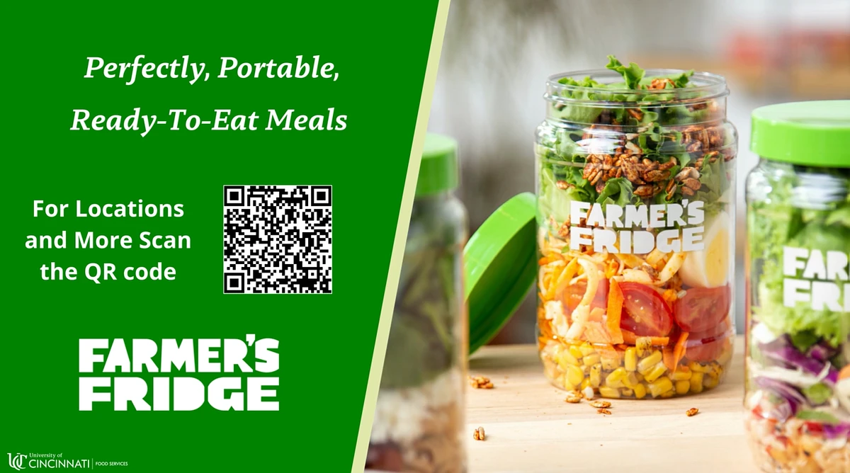 Image of jarred Farmer's Fridge salad with text perfectly portable ready-to-eat meals. For locations and more scan the QR code.