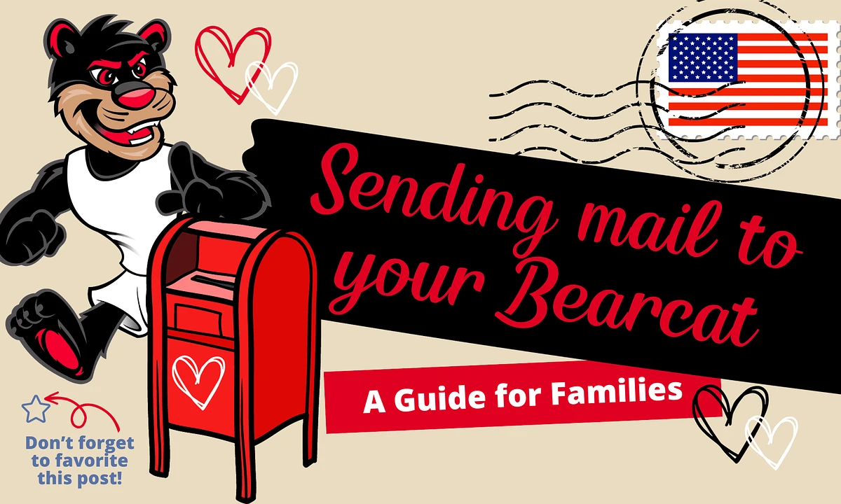 Image of the UC Bearcat next to a mail box with text "Sending Mail to Your Bearcat: A Guide for Families"