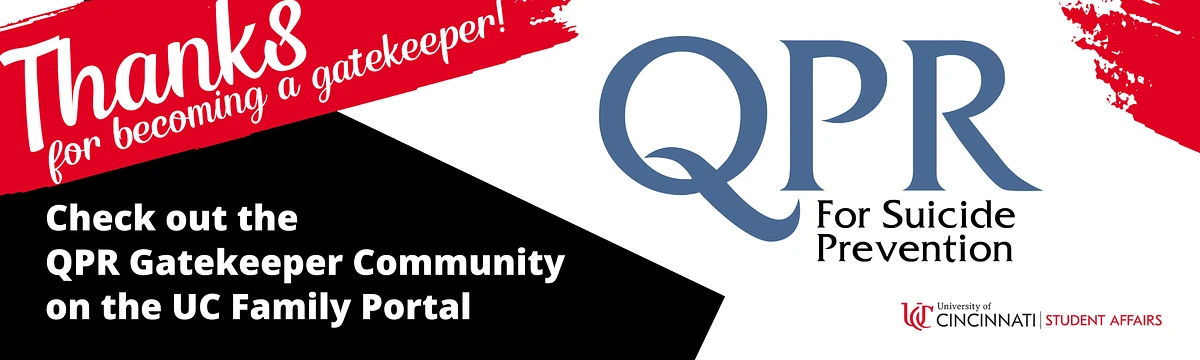 Image w text "Thanks for becoming a gatekeeper! Check out the QPR Gatekeeper Community on the UC Family Portal. w/ QPR Logo