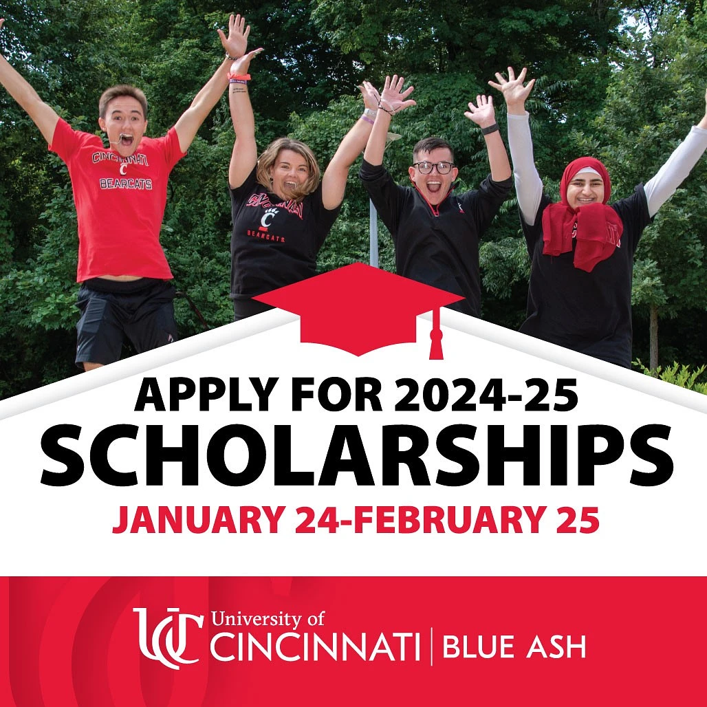 Photo of students jumping over an image of a mortarboard and text "Apply for 2024-25 scholarships January 24 - February 25" with UCBA Logo