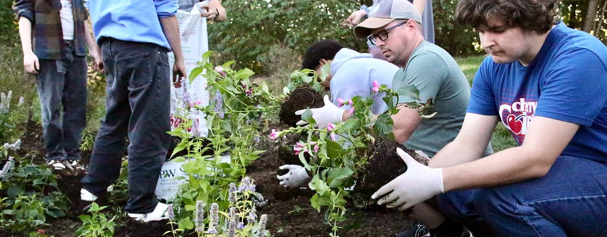A group of people wearing gloves are planting flowers in a garden.