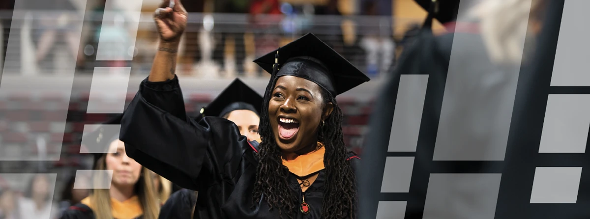 Individual celebrating in a black cap and gown with overlaid, translucent rectangles